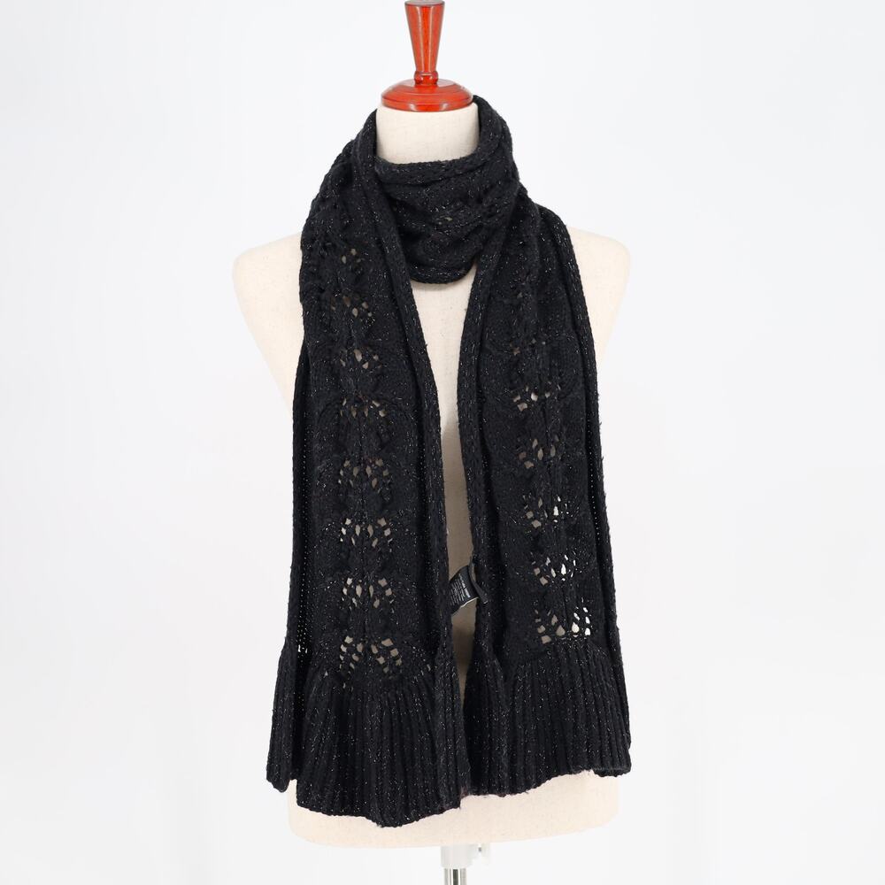 Badgley Mischka Women Black Metallic Wool Blend Fishtail Cable Knit Scarf